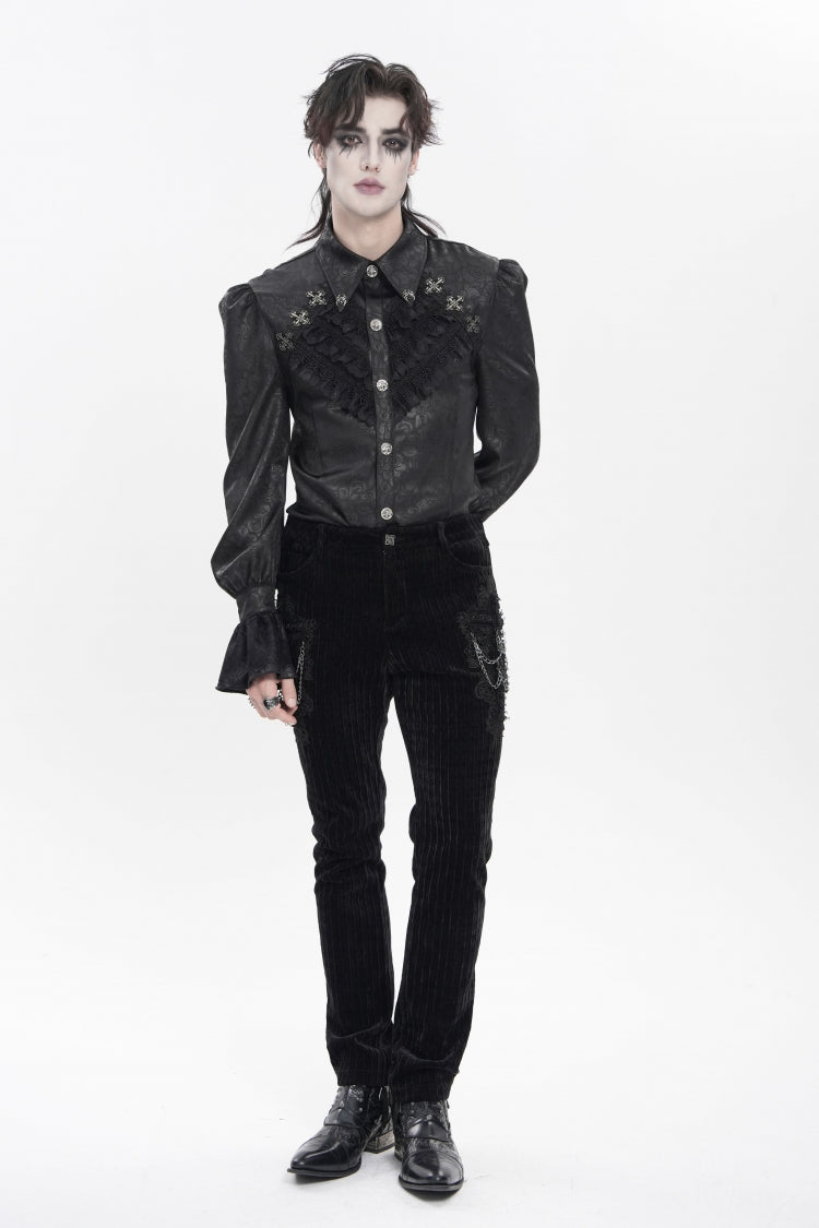 Black Cross Spider Turn-down Collar Long Trumpet Sleeves Printed Lace Men's Gothic Shirt - Product - 8