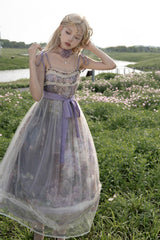 Purple [Oil Painting – In the Shade of Blossoming Trees] Sleeveless Print Ruffle Bowknot Lace Sweet Lolita Jsk Dress - Product - 4