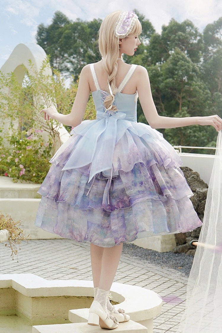 Multi-Color Three-layer Swan Lake Print Oil Painting Ruffle Bowknot Sweet Lolita Jsk Dress - Product - 5