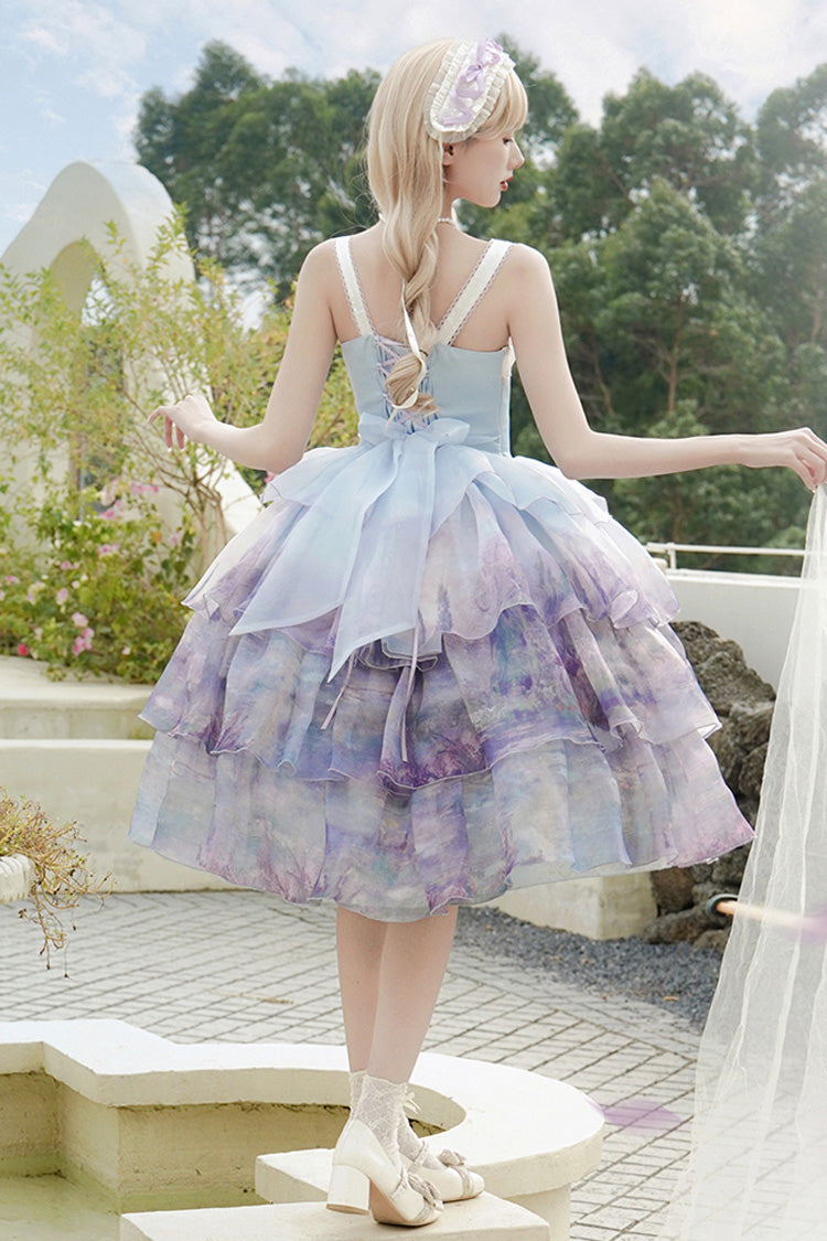 Multi-Color Three-layer Swan Lake Print Oil Painting Ruffle Bowknot Sweet Lolita Jsk Dress - Product - 5