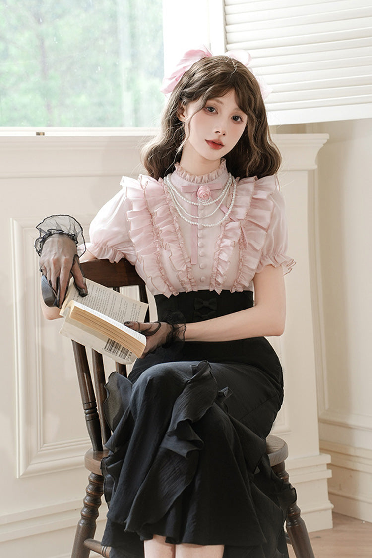 Pink/Black [Miss Lola] Stand Collar Short Sleeves Multi-Layered Ruffle Bowknot Sweet Lolita Mermaid Dress - Product - 4