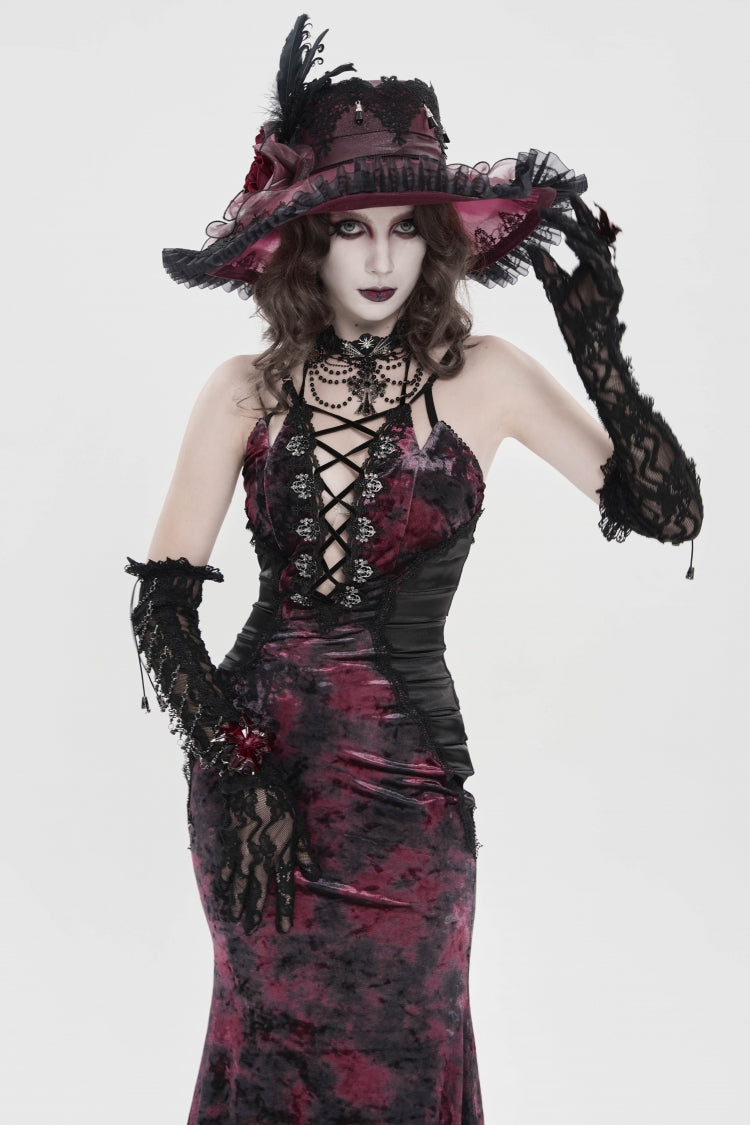 Black/Red Off Shoulder Halterneck Printed Hanayome Lace Lace-Up Slim Pleated Women's Gothic Jsk Dress - Product - 10