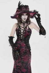Black/Red Off Shoulder Halterneck Printed Hanayome Lace Lace-Up Slim Pleated Women's Gothic Jsk Dress - Product - 10