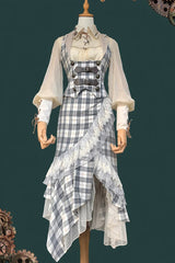 Blue Plaid [The Traveler] Sleeveless Ruffled Irregular Asymmetric Punk Lolita Skirt Set - Blue-Plaid(Set) - 1