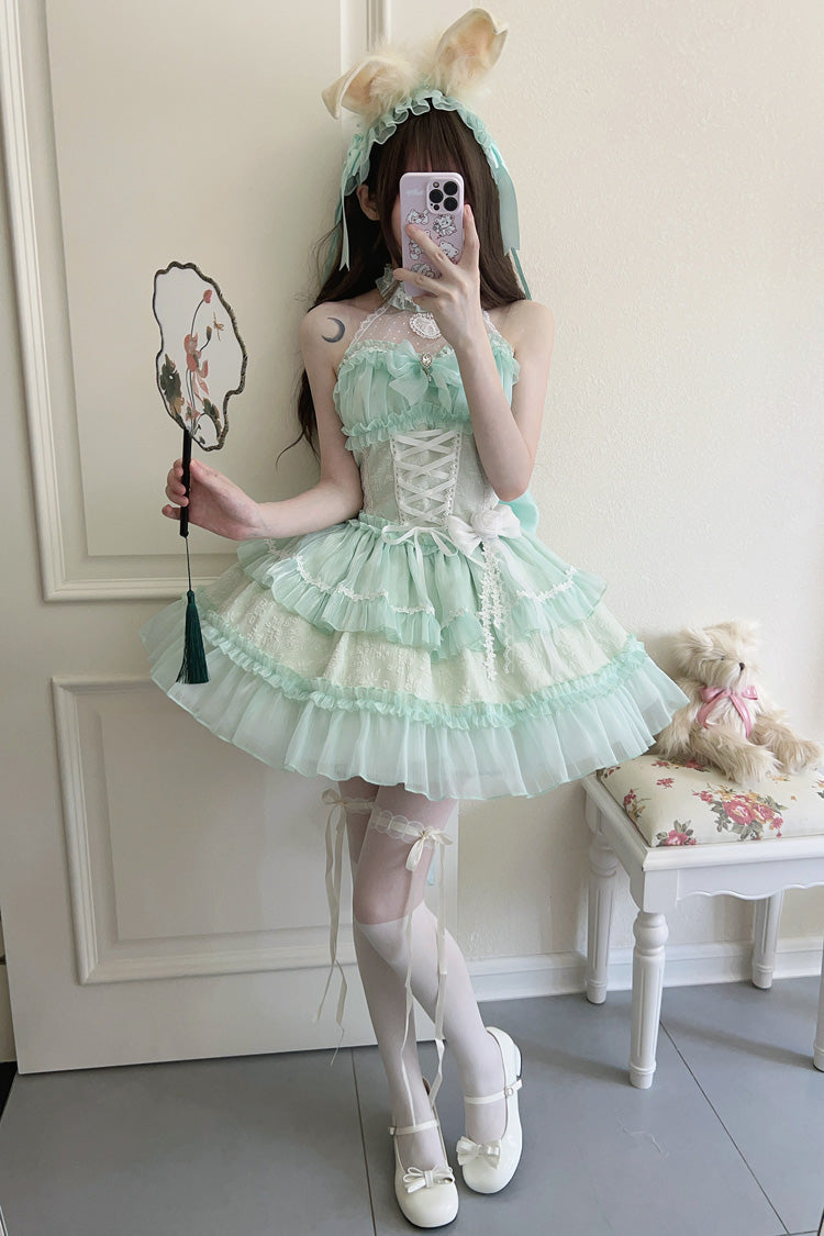 Green Halterneck Triple-Layered Bowknot Lace Sweet Lolita Jsk Dress - Product - 7