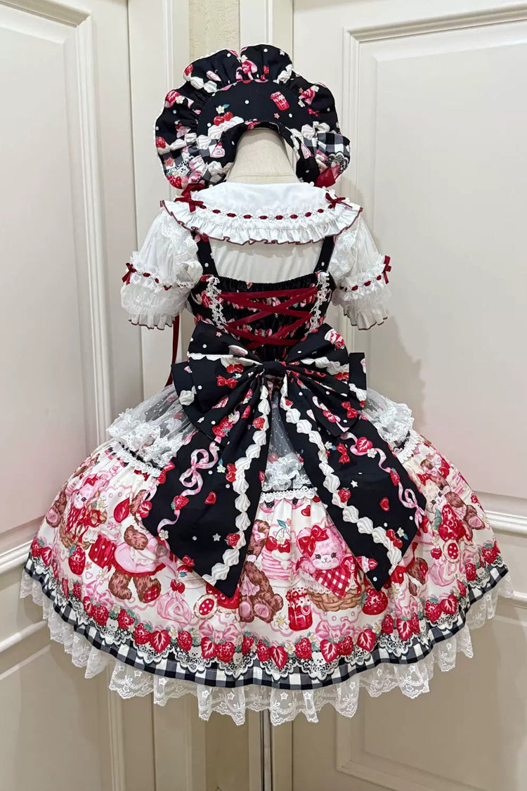 Red/Black [Sweet Berry Bunny Bear] Printed Bow Lace Lace-Up Sweet Lolita Jsk Dress - Product - 2