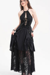 Black Halterneck Hollow Lace Women's Gothic Strap Maxi Dress - Product - 8