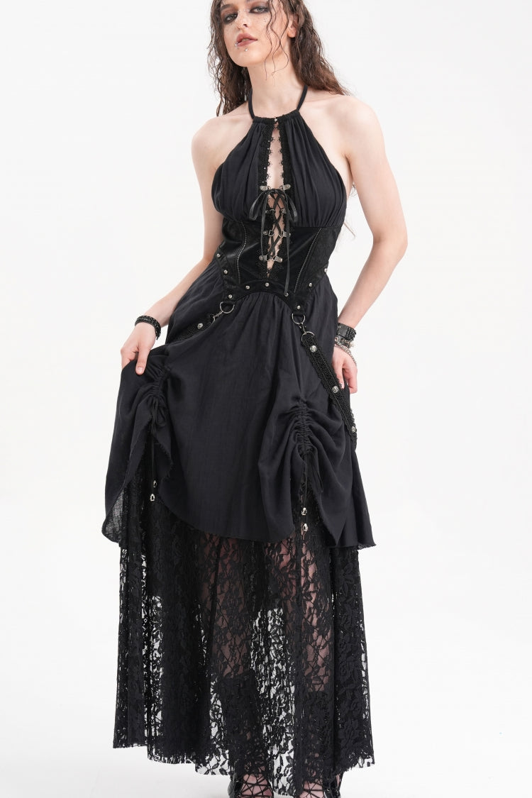 Black Halterneck Hollow Lace Women's Gothic Strap Maxi Dress - Product - 8