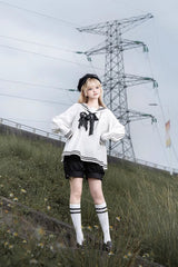 Black/White [Old Stories] Navy Collar Long Sleeves Bowknot Ouji Gothic Lolita Blouse Shorts Set - Product - 3