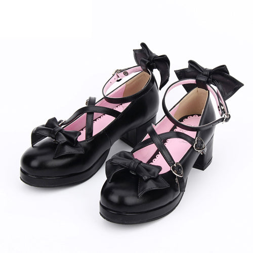 Cross Buckle Princess Bowknot Mid Heel Lolita Shoes - Black - 1