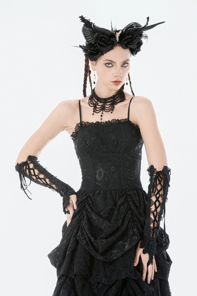 Black Sleeveless Multi-Layered Embroidered Women's Gothic Peplum Court Slip Dress - Product - 5
