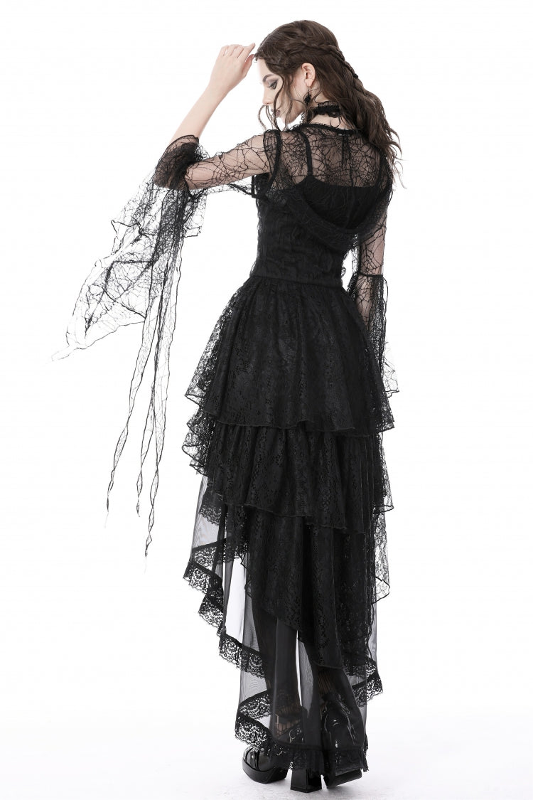 Black Spider Exaggerated Long Flared Sleeves Lace-Up Sheer Women's Gothic Cape with Hood - Product - 7