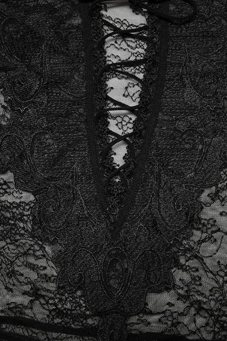 Black Long Trumpet Sleeves Lace Sheer Women's Gothic T-Shirt - Product - 6