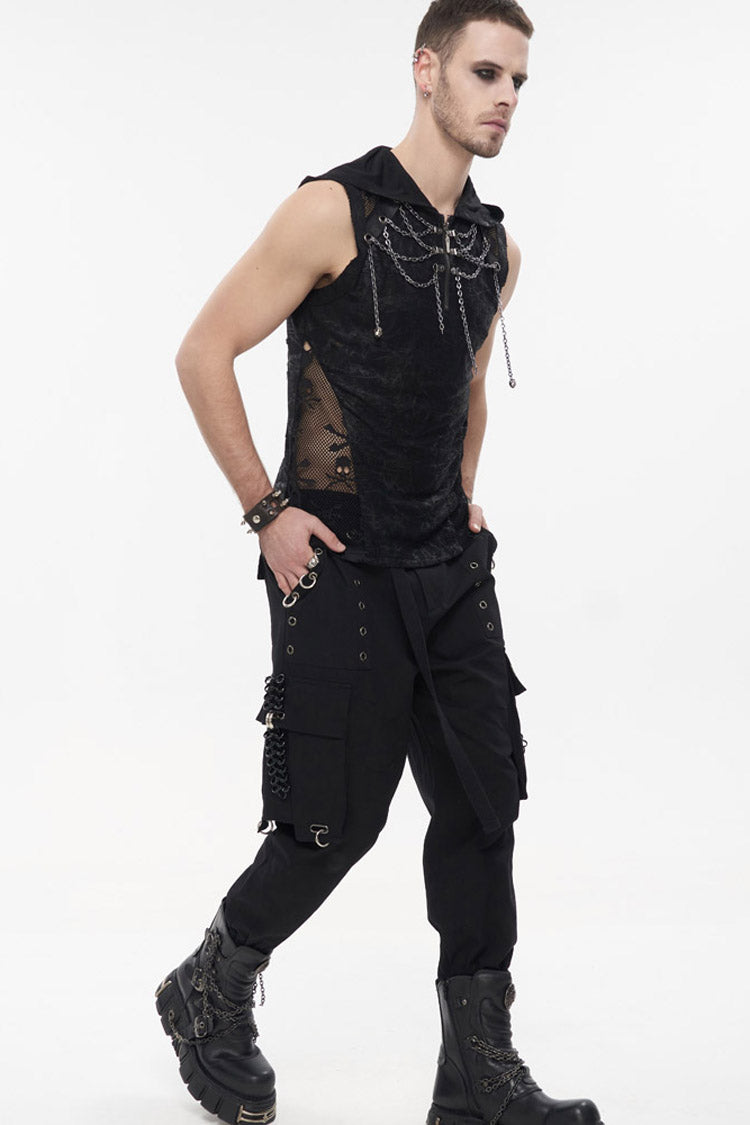 Black Punk Tatting Multi-Pocket Metal Chain Cargo Men's Pants - Product - 8