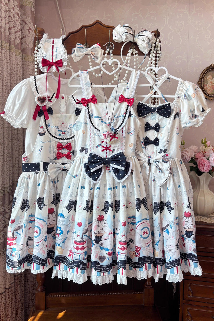 Beige [Mystery Rabbit Tea Party] Sleeveless Print Ruffle Bowknot Lace Sweet Lolita Jsk Dress - Product - 12