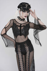 Black Round Collar Long Sleeves Cut-Out Sheer Eyelet Women's Punk Bat Cross Mesh T-Shirt - Product - 12