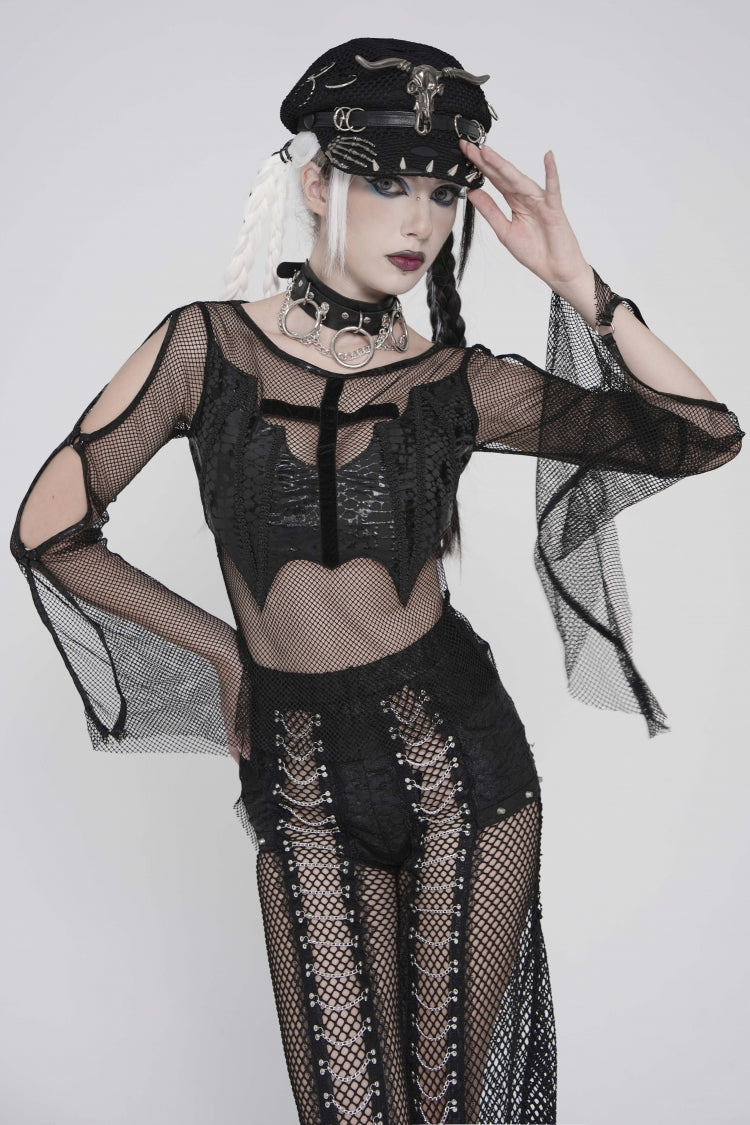 Black Round Collar Long Sleeves Cut-Out Sheer Eyelet Women's Punk Bat Cross Mesh T-Shirt - Product - 12