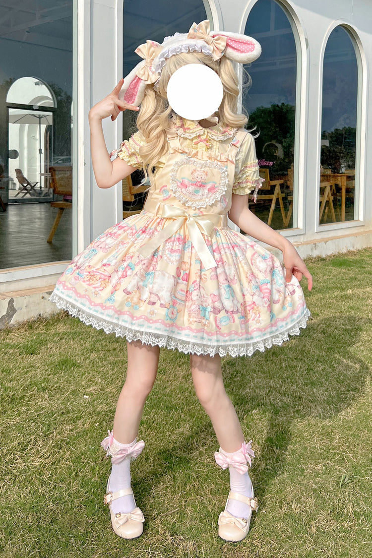 Yellow Sheep's Party Print Bowknot Stitching Lace Sweet Lolita Strap Dress - Product - 6