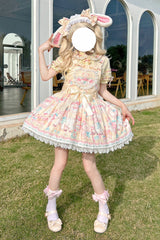 Yellow Sheep's Party Print Bowknot Stitching Lace Sweet Lolita Strap Dress - Product - 6