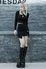 Black Metal Slant Buckle Loop Decoration Irregular Hem Denim Women's Punk Skirt - Product - 4