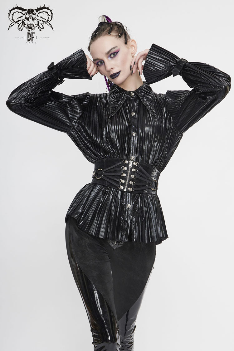 Black Metal Buckles Cuff Bright Pleated Pointed Collar Leather Loops Women's Punk Blouse - Product - 2