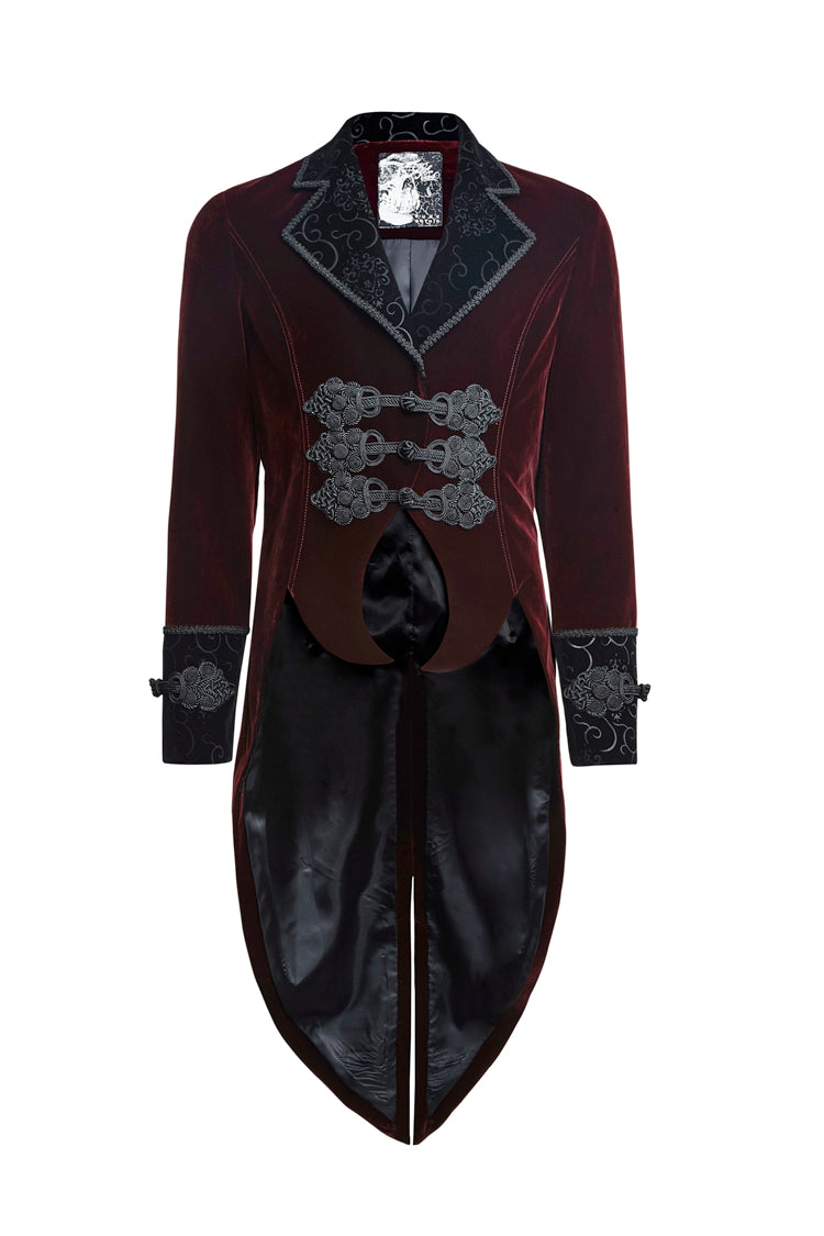 Red Embroidery Swallowtail Hem Mens Gothic Victorian Coat - Product - 5