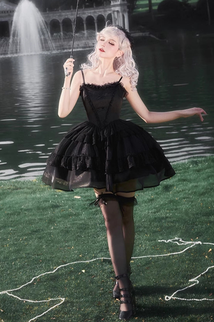 Black Twin Ivory Towers Ruffle Gothic Lolita Drawstring Jsk - Product - 4