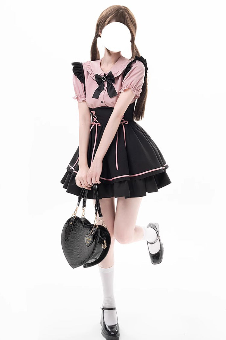 Black/Pink First Sakura Short Sleeves Multi-layer Lace-Up Sweet Jirai Kei Japanese Set - Product - 4