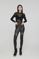 Black Embroidered Spliced Sheer Women's Gothic Leggings - Product - 9