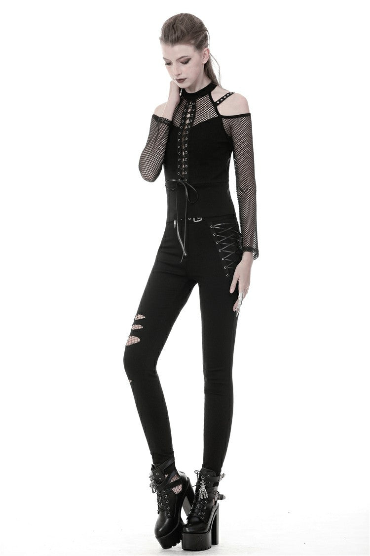 Black Off Shoulder Long Sleeves Lace-Up Mesh Women's Punk Top - Product - 2
