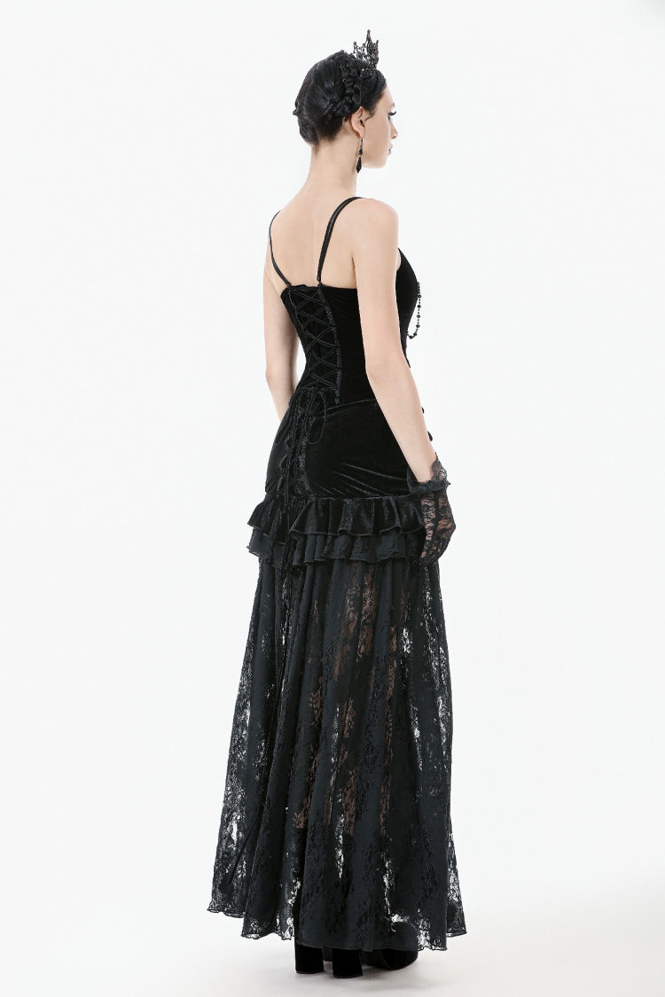 Black Multi-Layered Ruffled Velvet Spliced Lace Lace-Up Women's Gothic Long Skirt - Product - 13