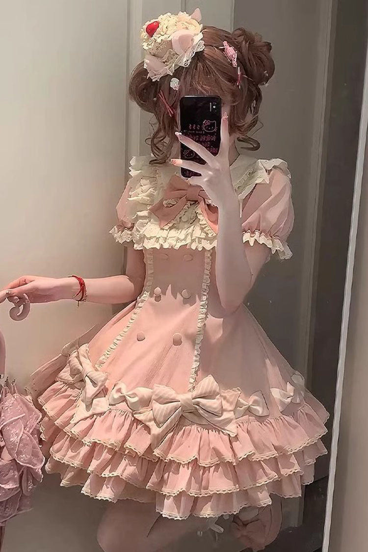 Pink [Striped Layered] Short Sleeves Multi-Layered Ruffle Bowknot Sweet Princess Lolita Tiered Dress - Product - 10