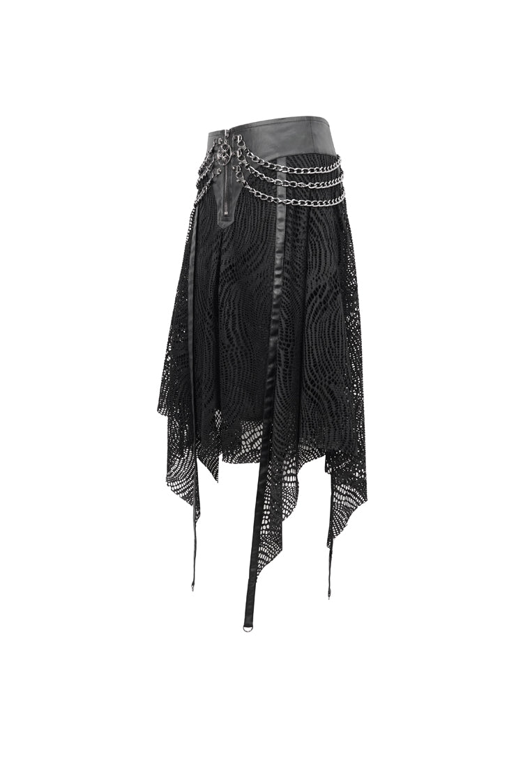 Black Irregular Half Hollow Knit Metal Chain Decorated Women's Punk Skirt - Product - 9