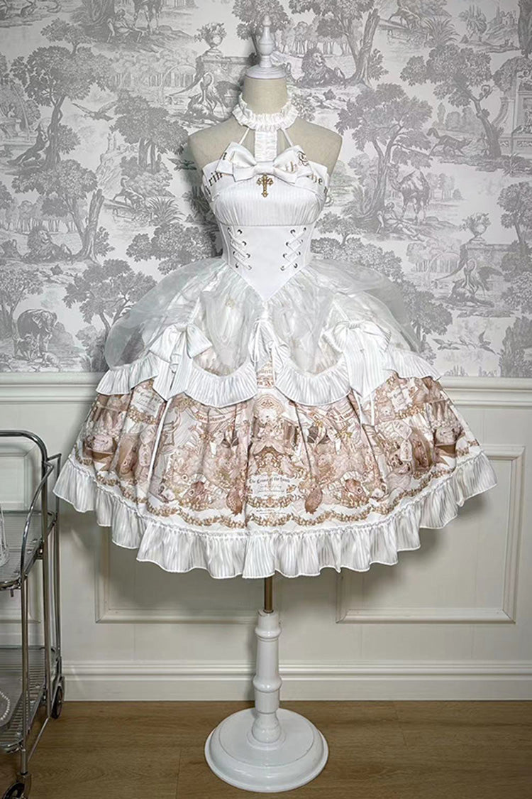 White [The Mystery of The Doll] Halterneck Print Ruffle Bowknot Drawstring Gothic Lolita Dress - Product - 10