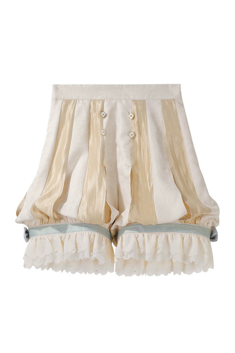 Yellow [Fairytale Storybook] Stand Collar Long Sleeves Ruffled Embroidered Bow Classic Chinese Style Ouji Lolita Set - Shorts(Only) - 13