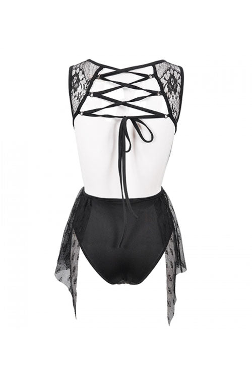 Back Lace Stitching Cross Strap Lace Up Gothic One Piece Swimsuit - Product - 14
