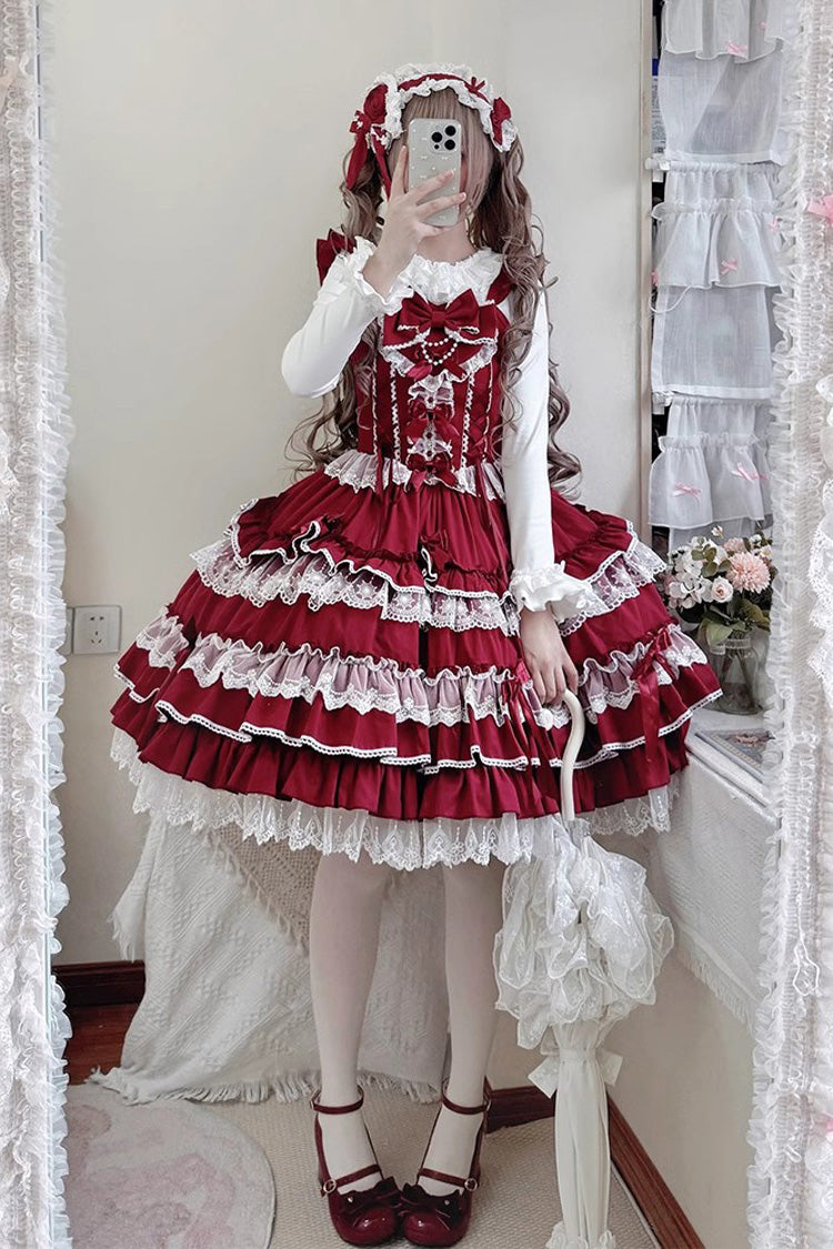 [Love Notebook] Sleeveless Multi-Layered Ruffle Bowknot Lace Sweet Lolita Jsk Dress 5 Colors - Red - 5