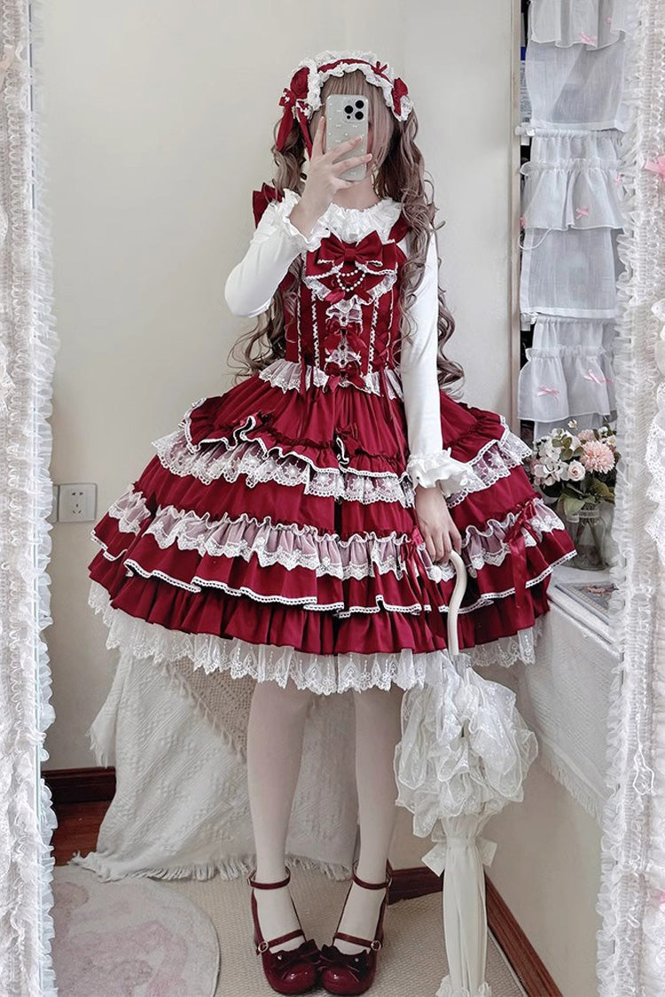 [Love Notebook] Sleeveless Multi-Layered Ruffle Bowknot Lace Sweet Lolita Jsk Dress 5 Colors - Red - 5