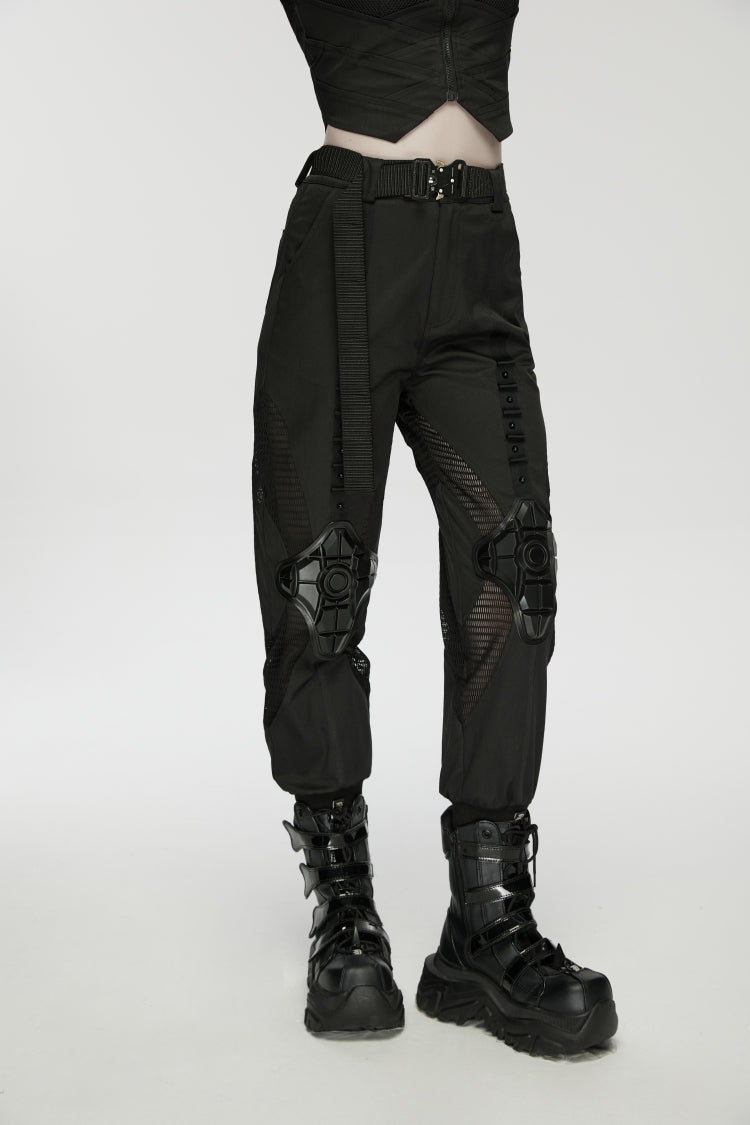 Black Women's Punk Handsome Buckle-up Studded Mesh Cargo Pants - Product - 7