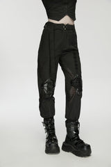 Black Women's Punk Handsome Buckle-up Studded Mesh Cargo Pants - Product - 7