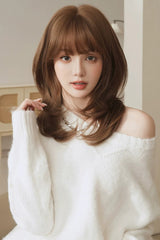 Milk Coffee Full Air Bangs Multi-Layered Sweet Lolita Collarbone Length Wig - Milk-Coffee - 1