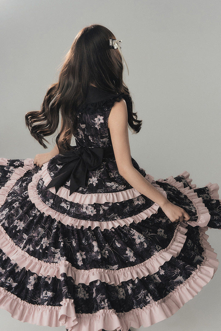 Black [Sacred Heart Lily] Round Collar Sleeveless Multi-Layered Printed Ruffled Embroidered Sweet Chinese Inspired Lolita Jumper Dress - Product - 8