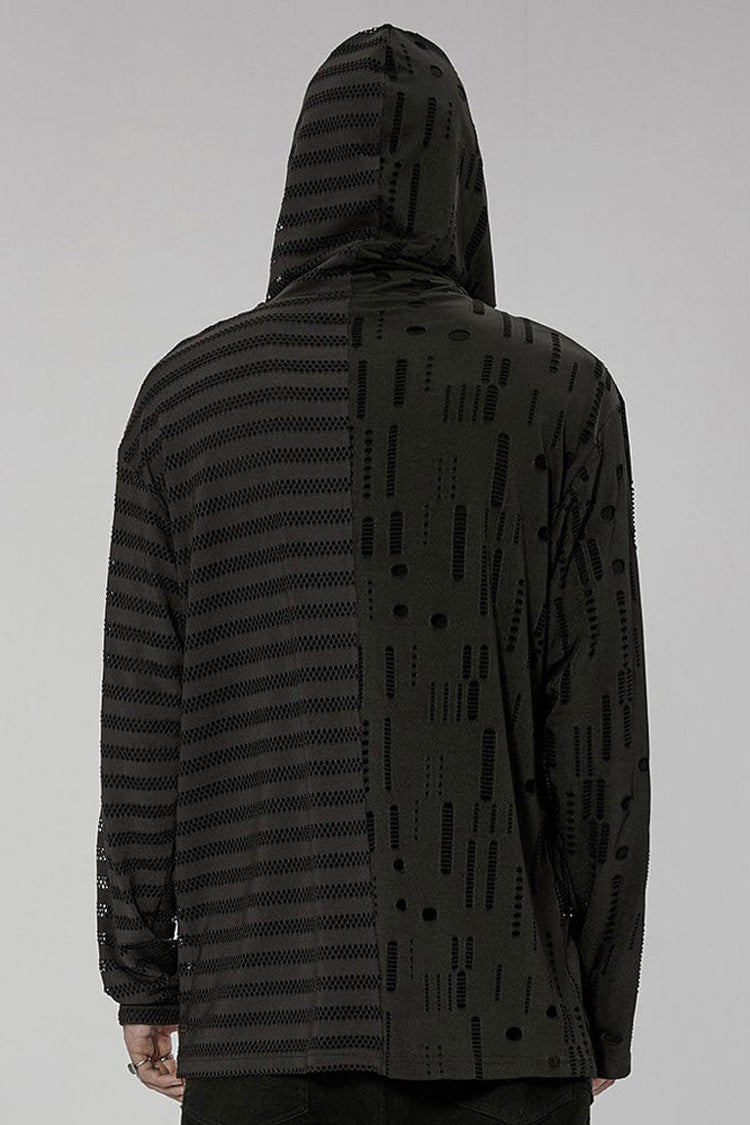 Black Punk Personality Left-Right Asymmetrical Knitted Stitching Casual Hooded Men's T-Shirt - Product - 3