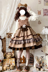 Brown Bear Triple-Layered Ruffle Bowknot Sweet Lolita Strap Dress - Brown - 1