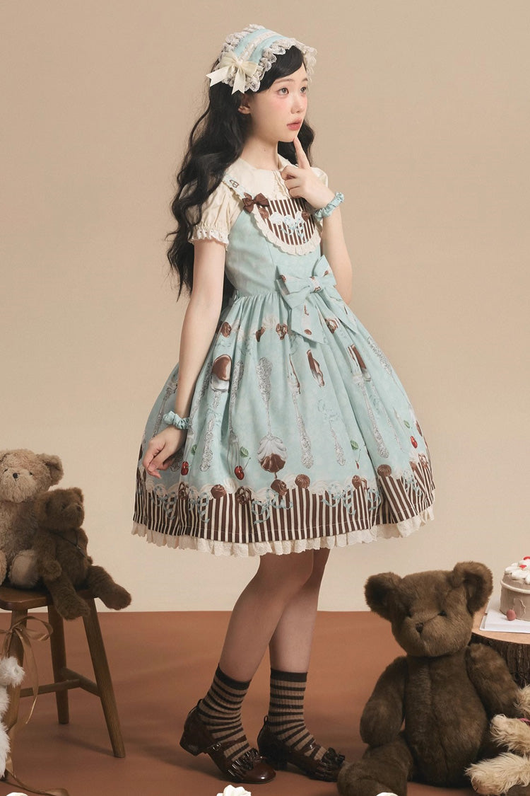 Green [Chocolate Cherry] Print Bowknot Sweet Lolita Jsk Dress - Product - 8
