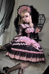 Black/Pink [Rose Princess] Sleeveless Ruffle Bowknot Lace Lace-Up Sweet Ballet Lolita Jsk Dress - Product - 13