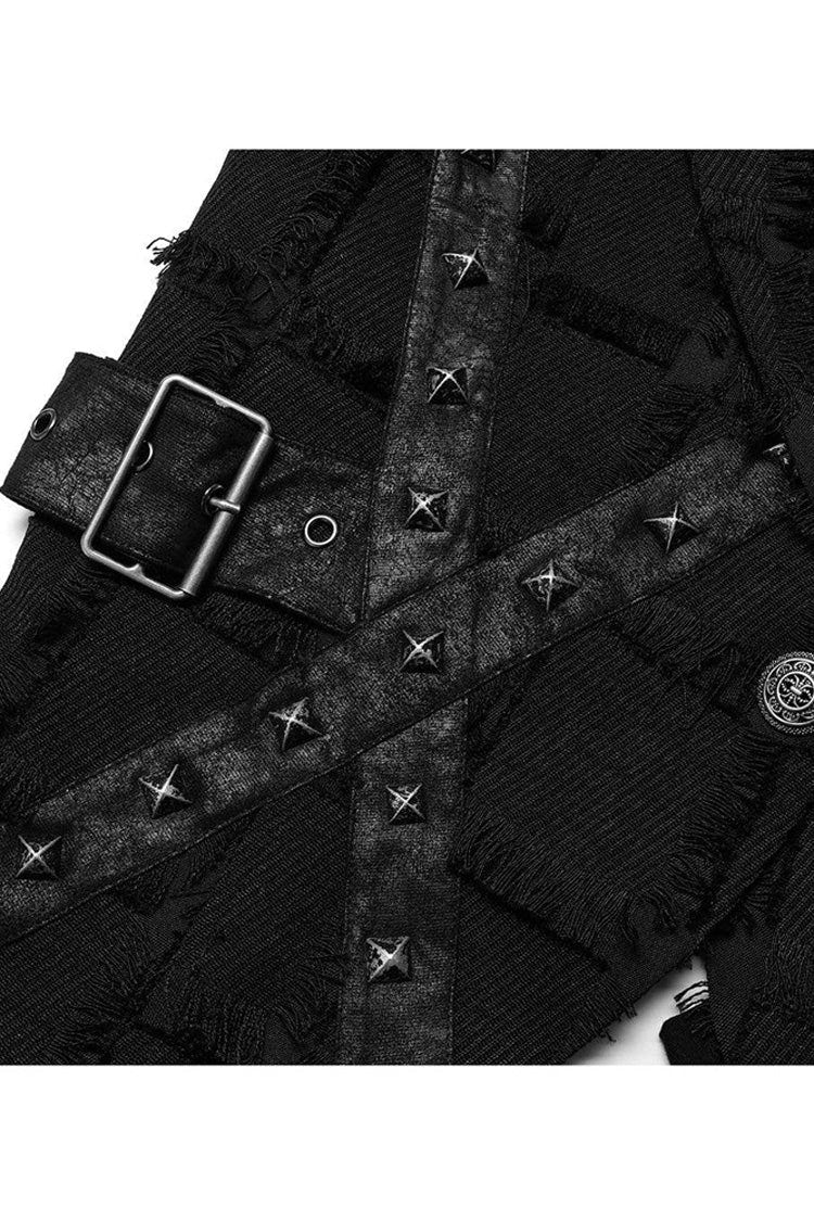 Black Gothic Asymmetrical Decadence Hairy Flu Back Cutout Design Leather Strip Metal Rivets Men's Vest - Product - 7