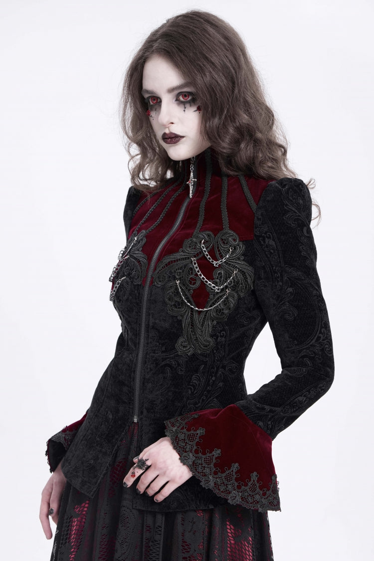 Black/Red Stand Collar Long Trumpet Sleeves Embroidery Women's Gothic Jacket - Product - 12