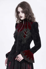 Black/Red Stand Collar Long Trumpet Sleeves Embroidery Women's Gothic Jacket - Product - 12