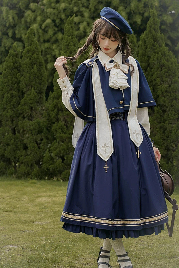 Blue [Choir] Sleeveless Ruffled Lace-Up Classic Military Preppy Style Lolita Bustier Dress Set - Product - 3